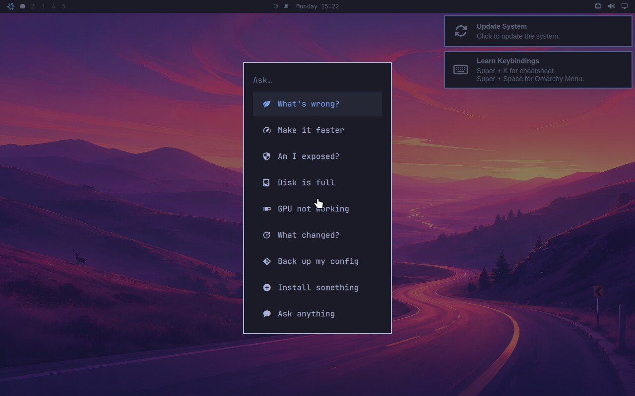 The Ask menu: What's wrong?, Make it faster, Am I exposed?, Disk is full, GPU not working, What changed?, Back up my config, Install something, Ask anything