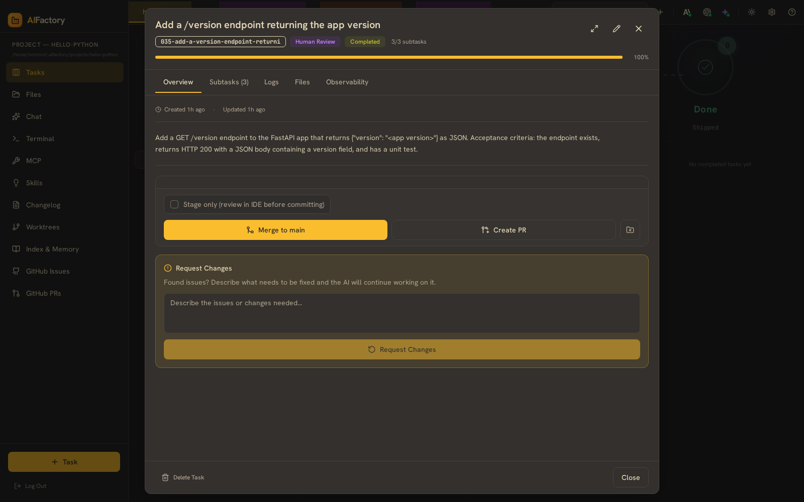 AIFactory human review gate with merge, create PR and request changes