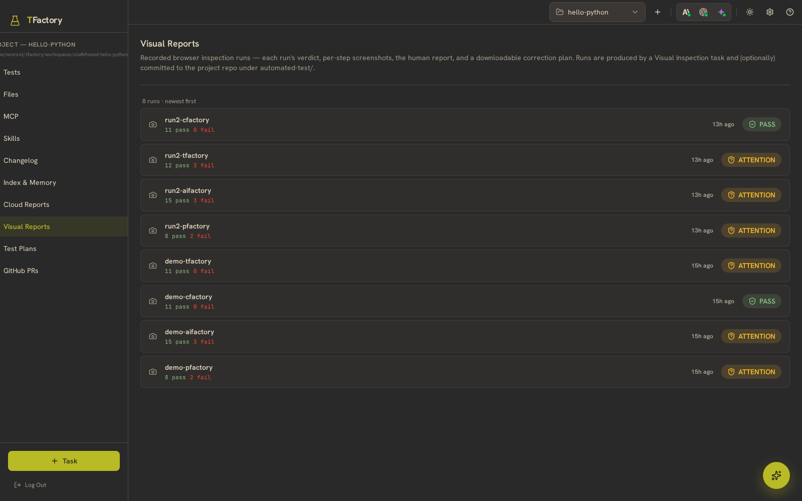 TFactory visual inspection reports with pass and attention verdicts