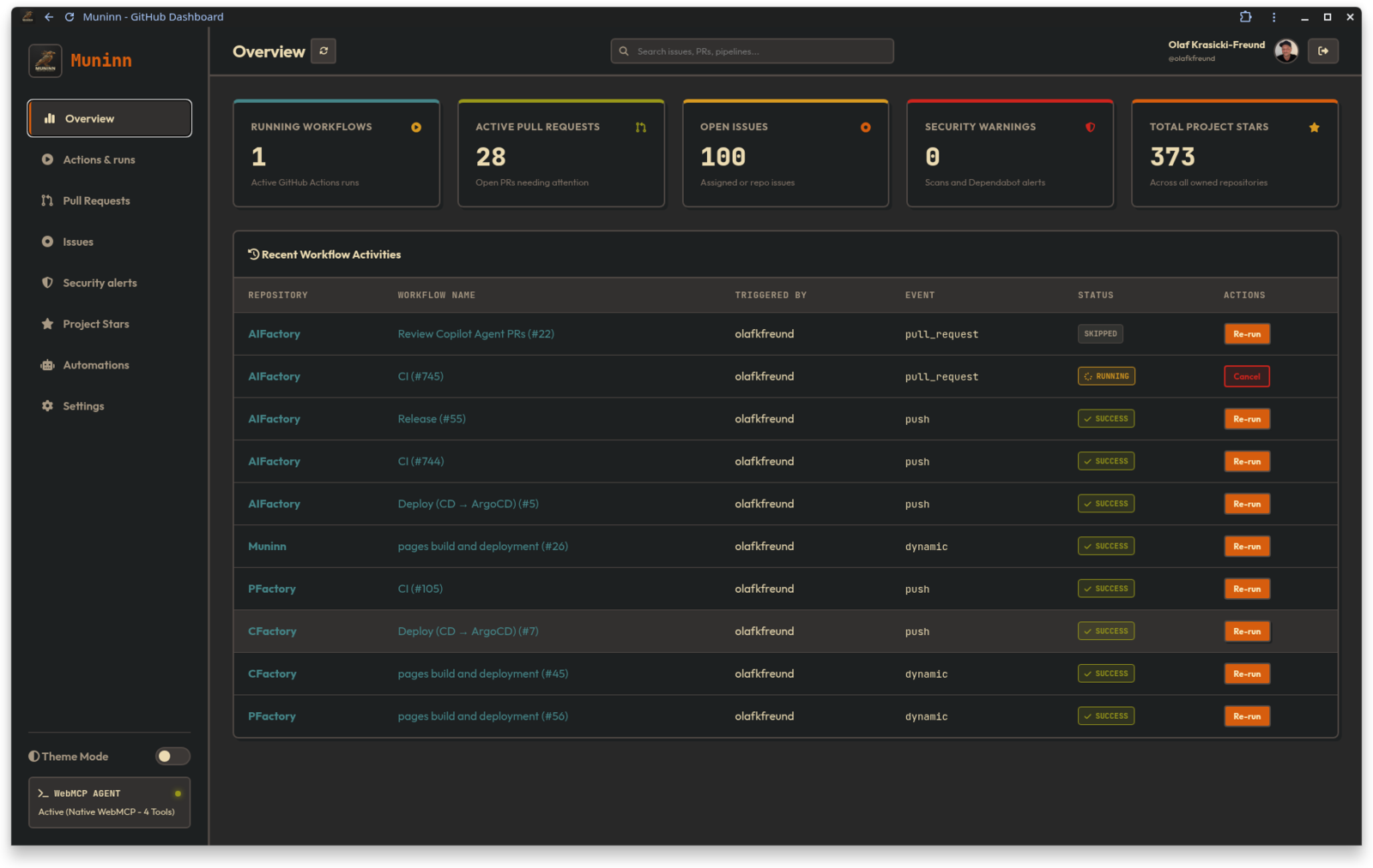 Muninn GitHub dashboard overview in Gruvbox dark theme