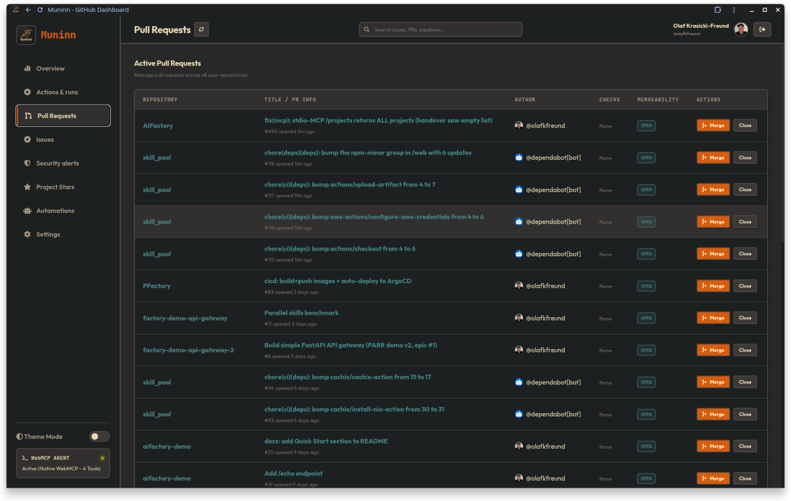 Muninn pull requests panel