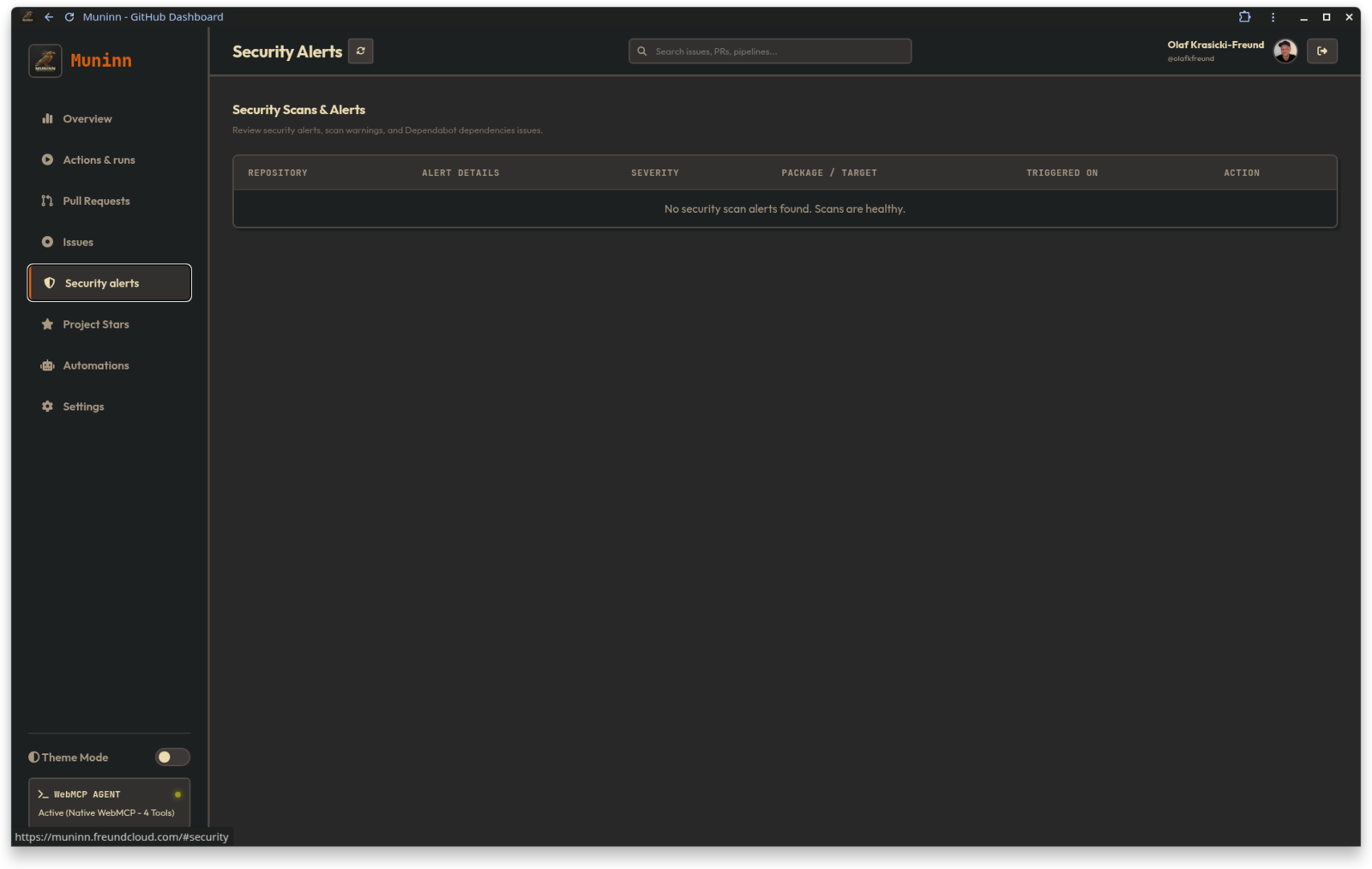 Muninn security alerts view