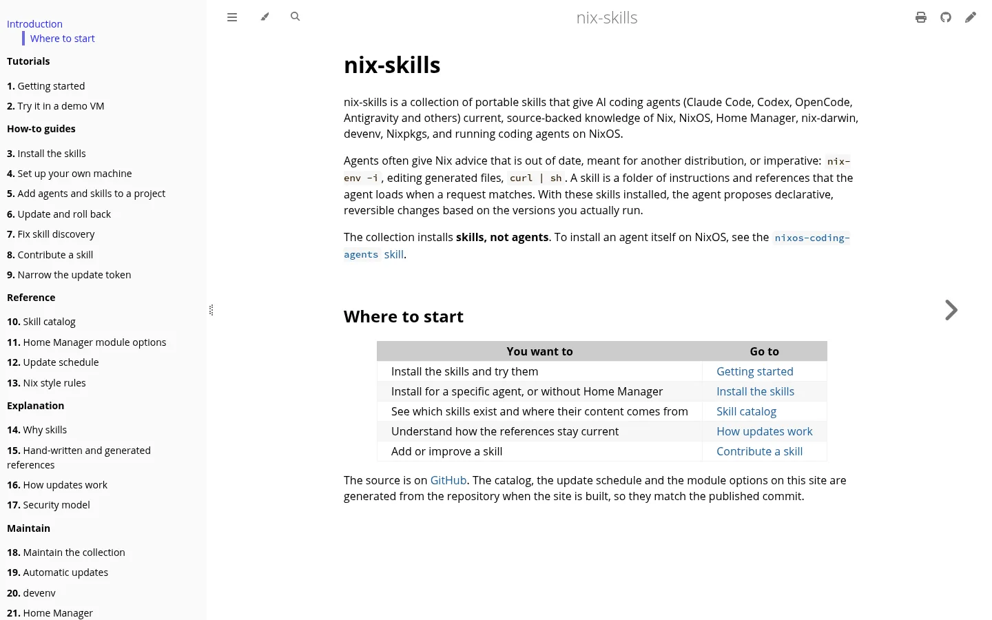 The nix-skills documentation site: introduction, a where-to-start table, and tutorials, how-to guides, reference and explanation in the sidebar