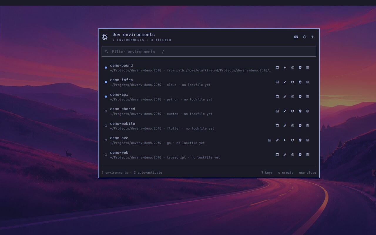 nixarchy dev environments panel listing seven devenv projects, three allowed to auto-activate