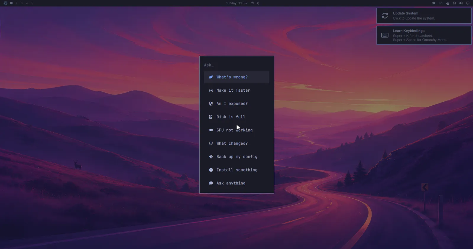 nixarchy desktop with the Ask menu open: What's wrong, Make it faster, Am I exposed, Disk is full, GPU not working, What changed, Back up my config, Install something, Ask anything