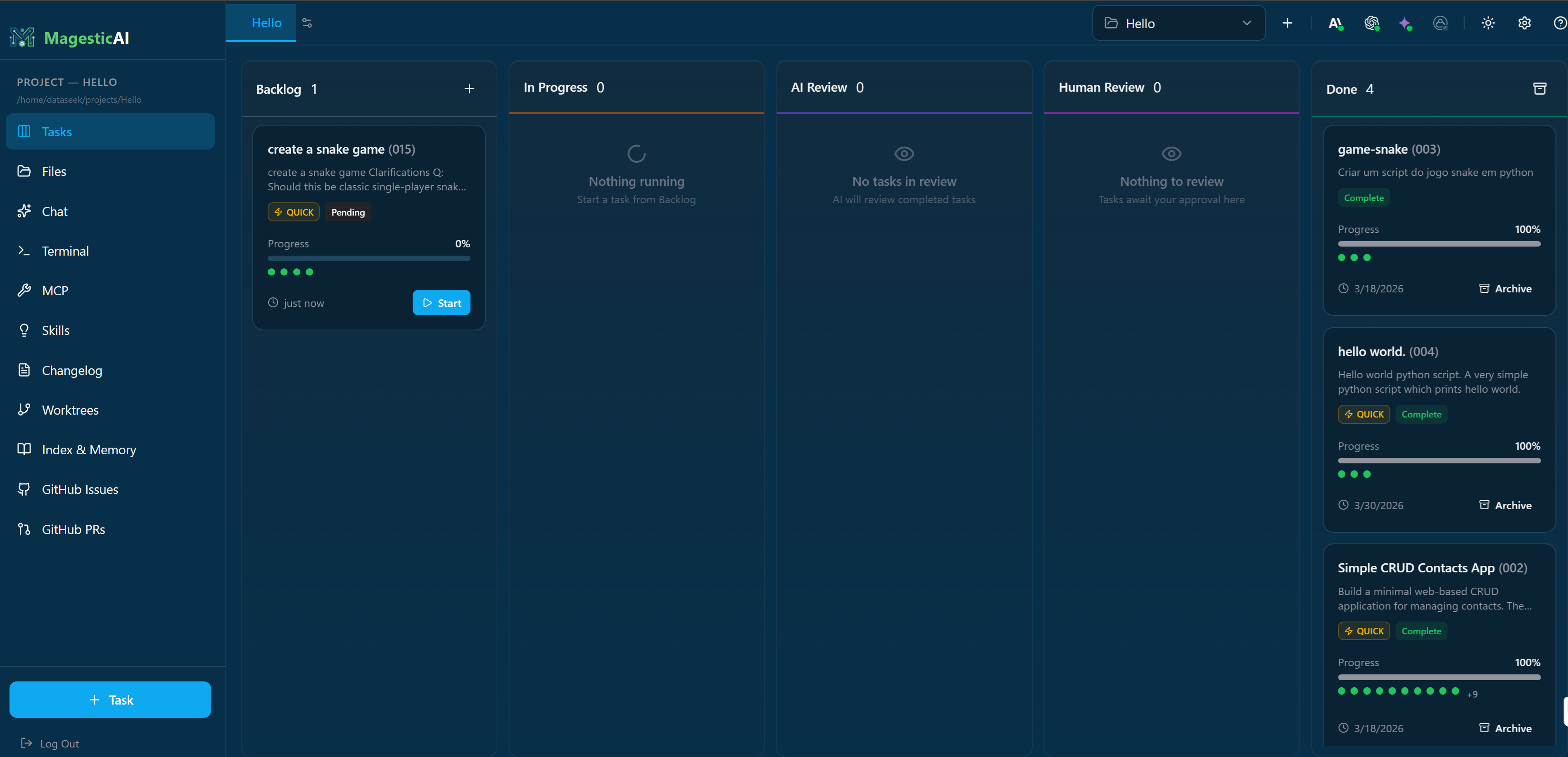 AIFactory kanban board of tasks
